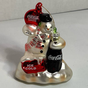 Adorable Vintage 2002 Blown Mercury Glass Coca-Cola Snowman Christmas Ornament
